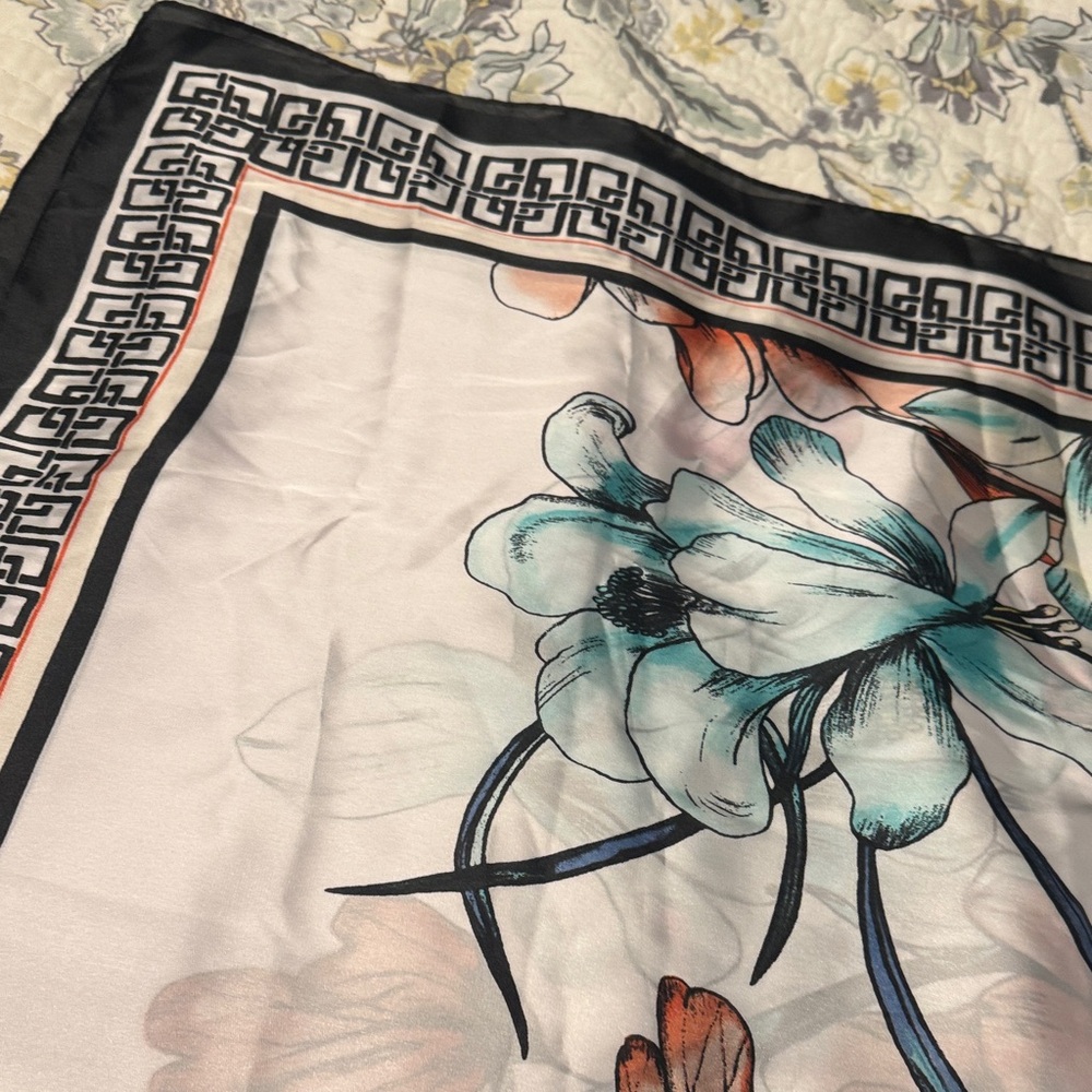 NWT Chicos Floral Silk-Look Square Scarf with Greek Key Border - Picture 3 of 5